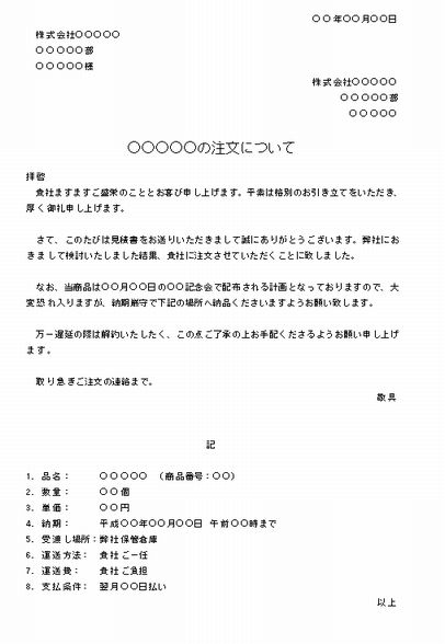 ビジネス文書の書き方 商品の注文 納期条件付き