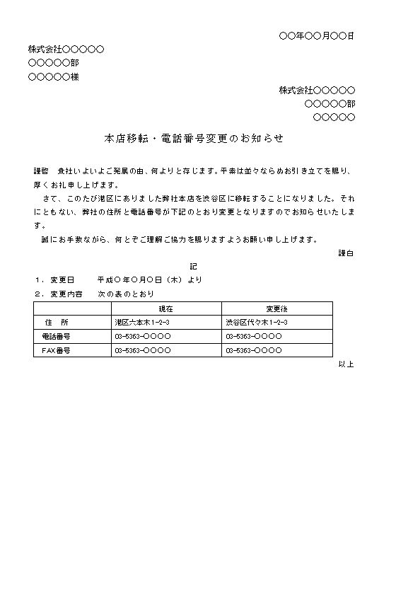 ビジネス文書の書き方 住所と電話番号変更の通知