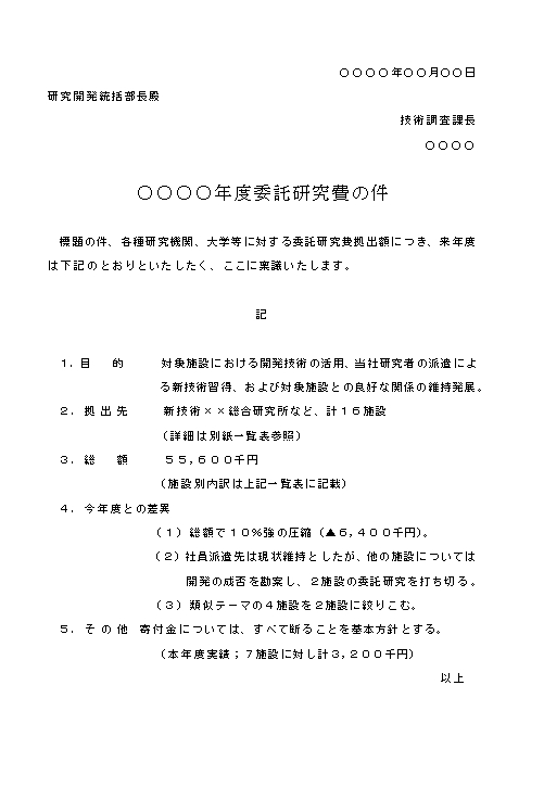 ビジネス文書の書き方 委託研究費の稟議書