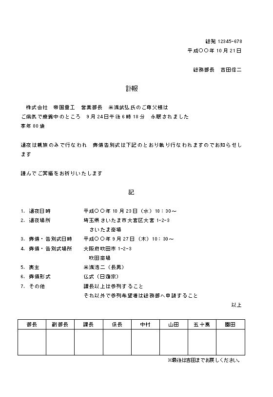 ビジネス文書の書き方 訃報 取引先社員の父母死亡 の通知