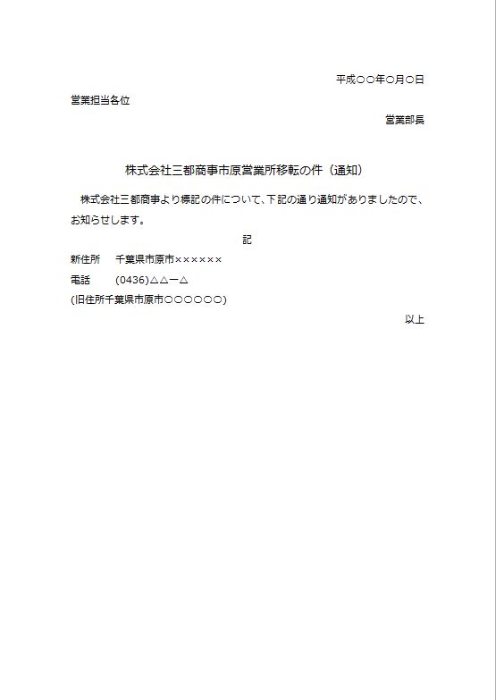 ビジネス文書の書き方 取引先営業所移転の通知